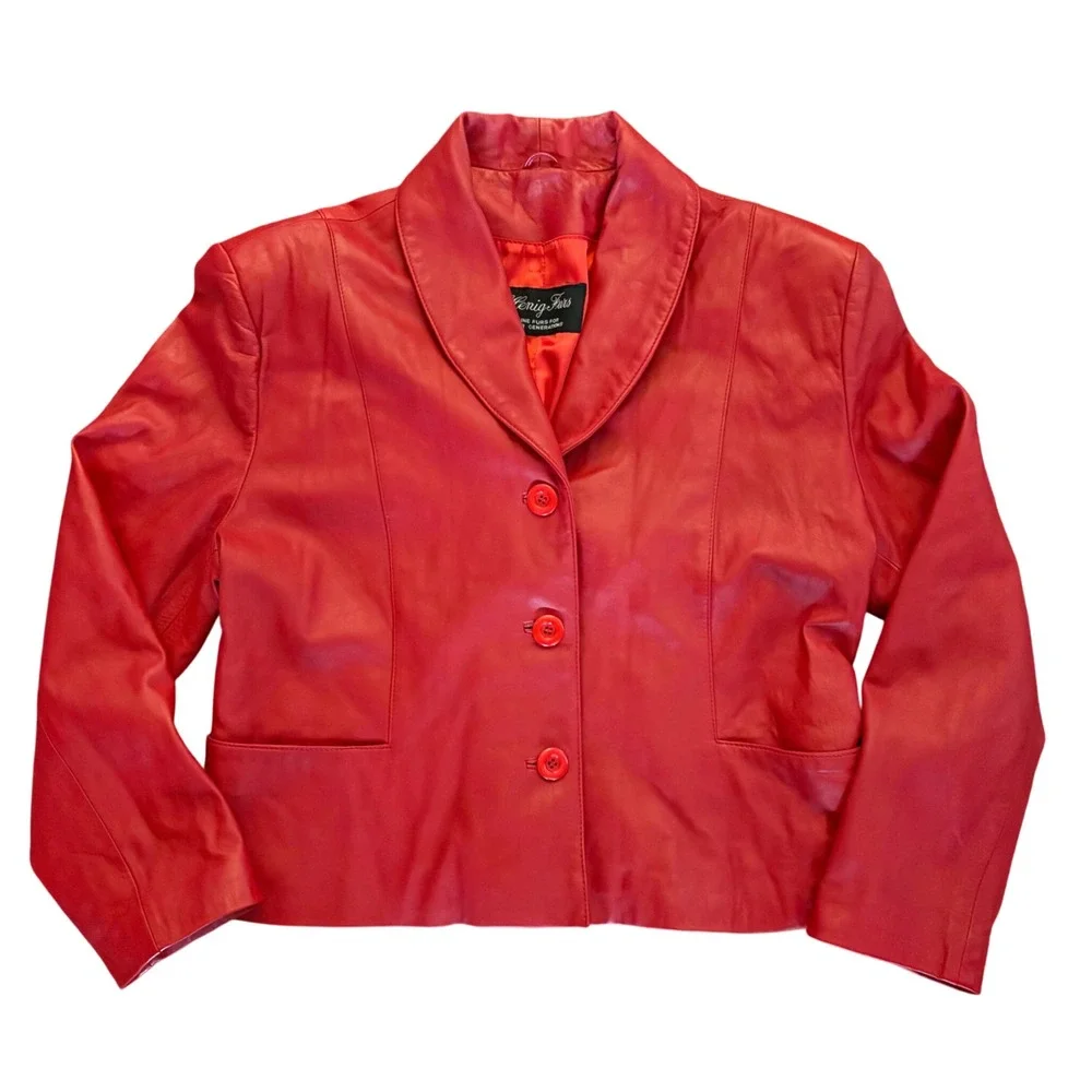 VTG Konig Furs Y2K Red Leather Blazer Biker Moto Jacket Button Up Women's XL EUC
